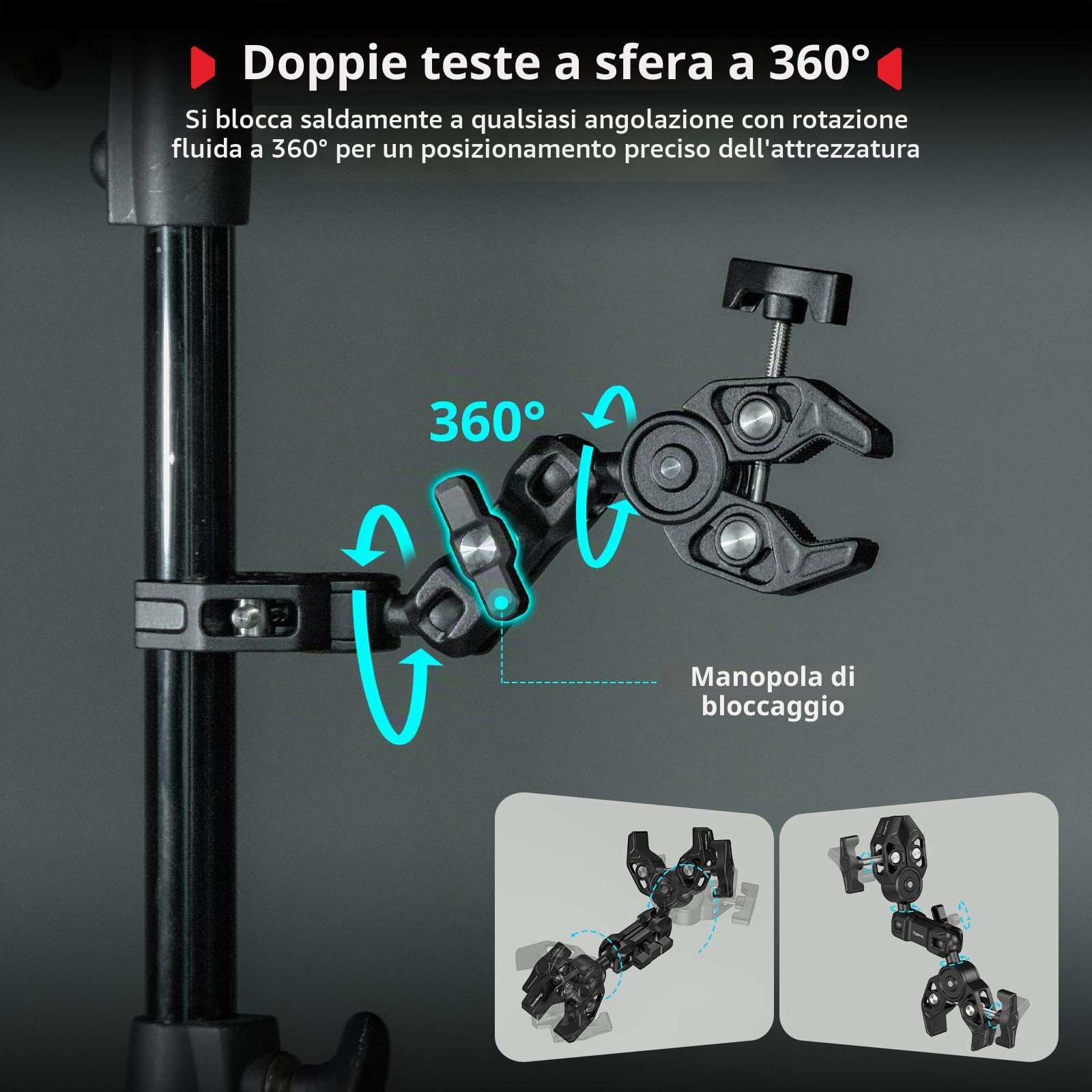 SMALLRIG Supporto Super Clamp Doppio con Braccio Magico, Morsetto a Testa Sferica a 360° per Ombrello, Sedia, Monitor, Scrivania, Studio Fotografico, Supporto a Morsetto per Treppiede -5453