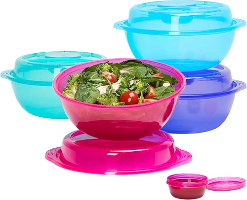 EasyLunchboxes - Recipientes para ensalada - Cuenco reutilizable con vaso integrado a prueba de fugas para ensalada pasta cereales arroz y más -