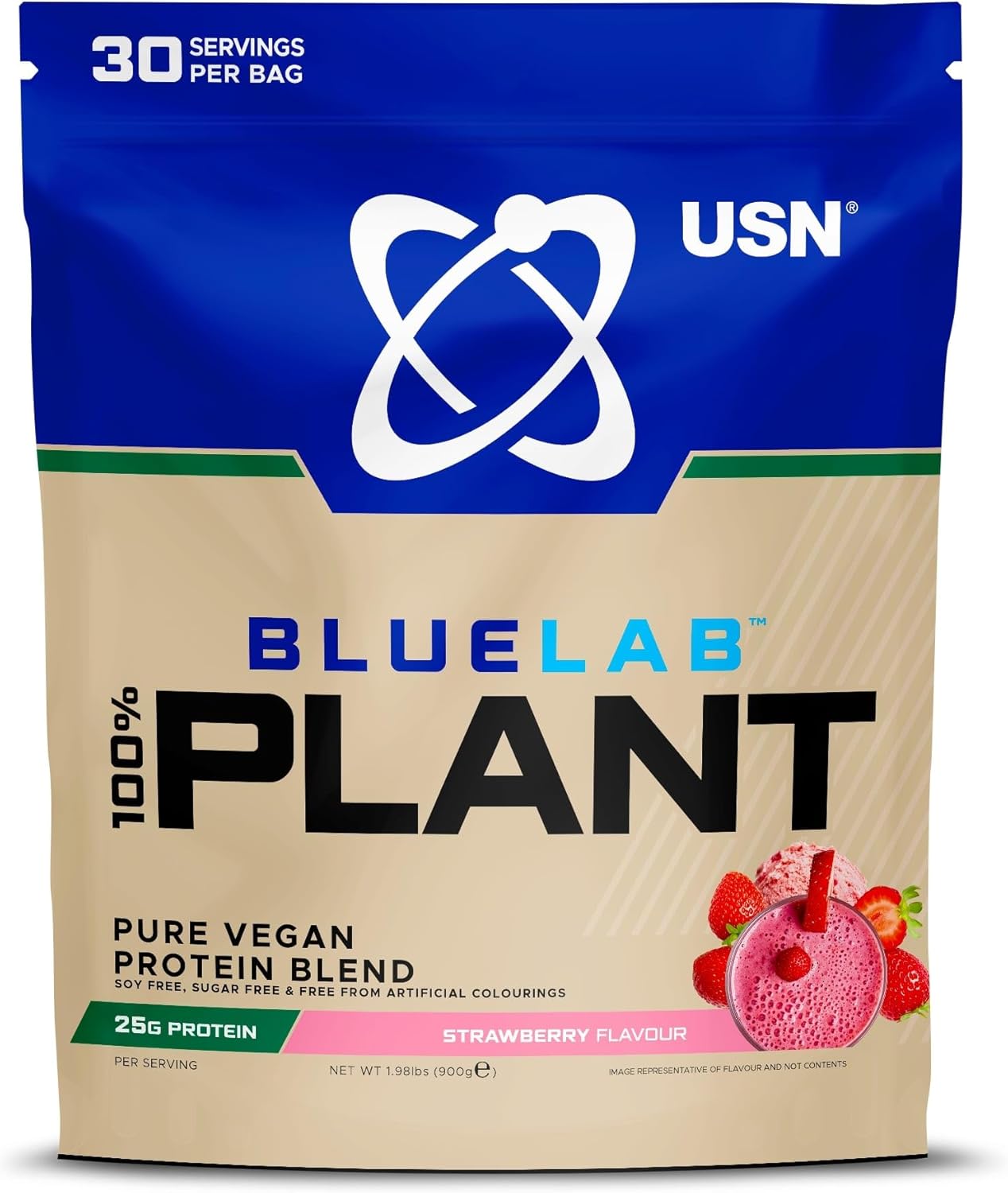 USN 100% Plant Protein Strawberry, Vegan Protein Powder (900g) A Sugar Free, Plant Based Protein Blend With No Soy and No Artificial Flavours