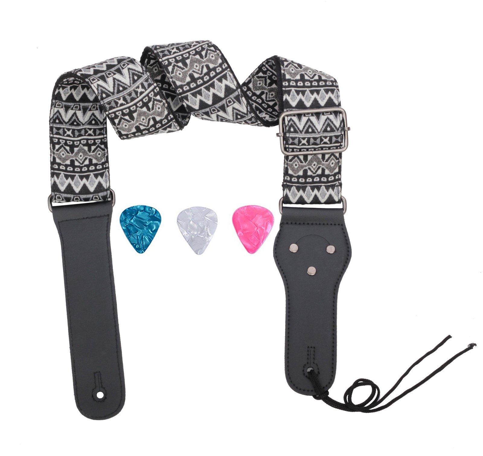 Rufun Black Guitar Strap Retro Adjustable Jacquard Weave Vintage Accessory For Basse Electric Acoustic Guitar, 3 Picks Included (Black)