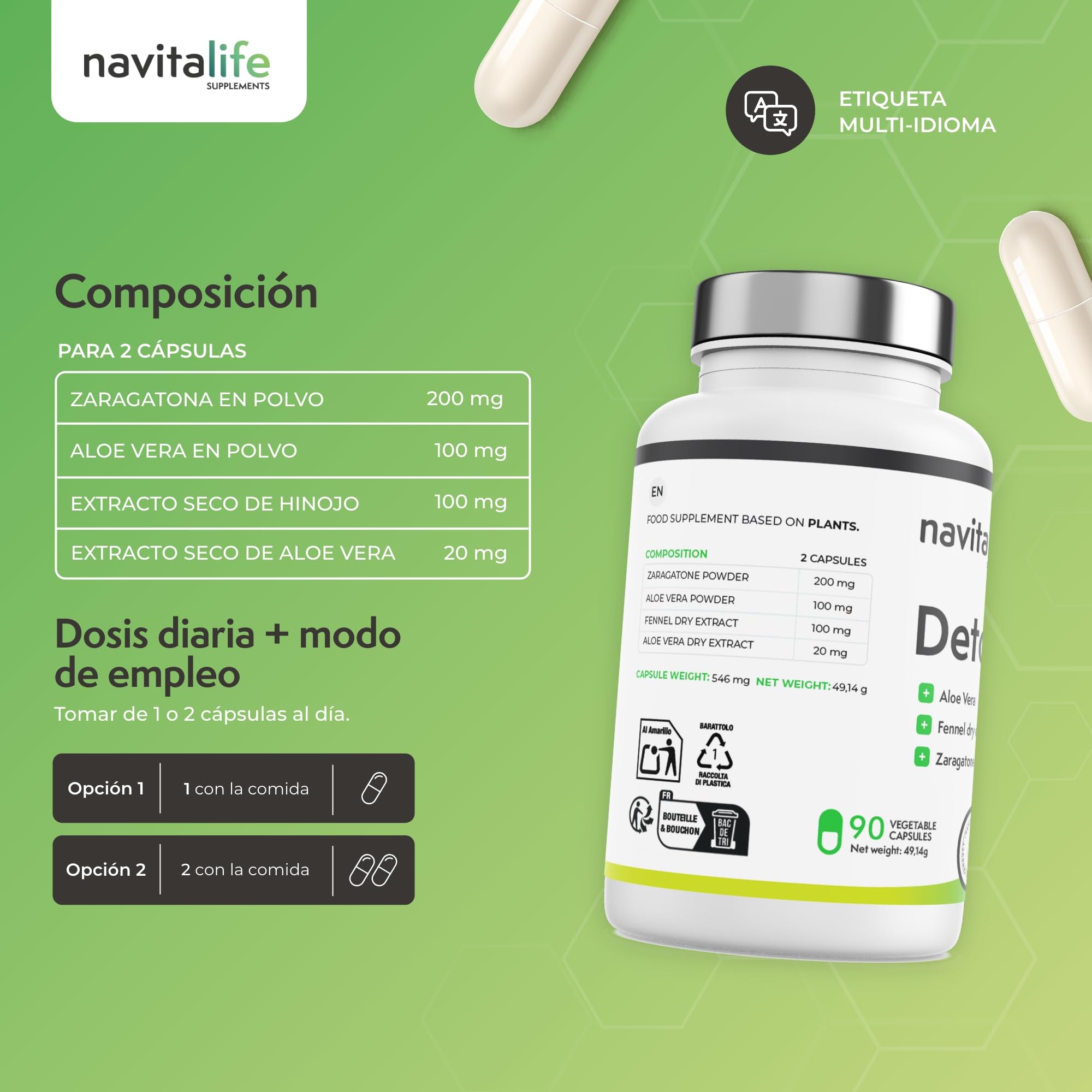 Detox.Suplemento de Aloe Vera con Hinojo y Zaragatona | 90 Cápsulas (hasta 90 días) | Ideal para Rutinas Desordenadas | Navitalife