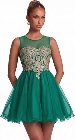 MisShow Tulle Homecoming Dresses for Teens Gold Lace Applique Short Prom Gown Sleeveless Cocktail Party Dresses