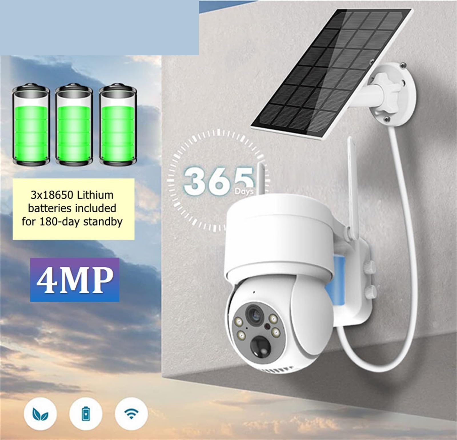 Caméra de sécurité, 4MP Solar PTZ Camera Wireless Security Outdoor Night Vision PIR Detection Powered Battery