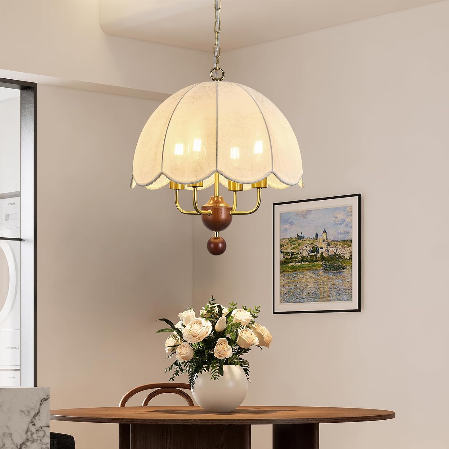 Fabric Chandelie Large 18" Mid Century Pendant Light Fixture,Vintage Hanging Lamp Ceiling Gold Adjustable Height Farmhouse Pendant Lights for Dining Room Kitchen Island Living Room Bedroom