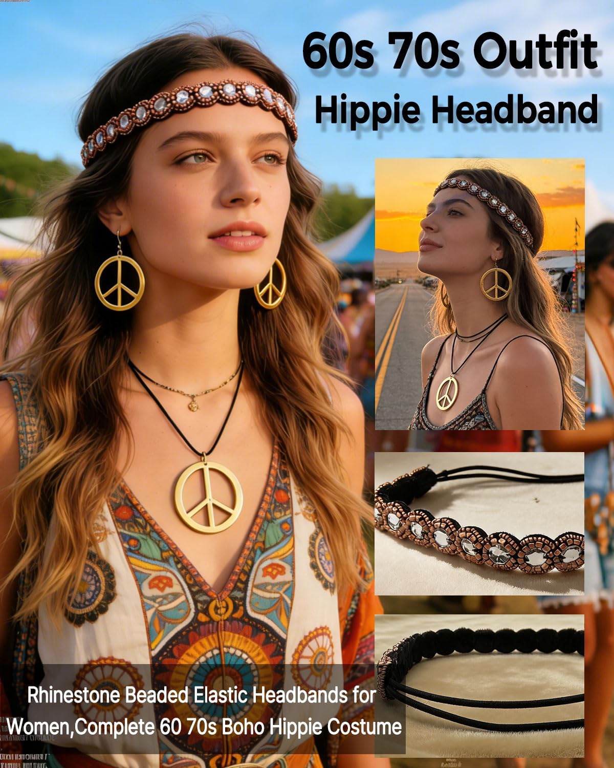 kasahara 5 Pcs Hippie Costume Accessories for Women 60s 70s Hippie Outfit Gifts Headband Peace Sign Necklace Earrings Bracelet Sunglasses