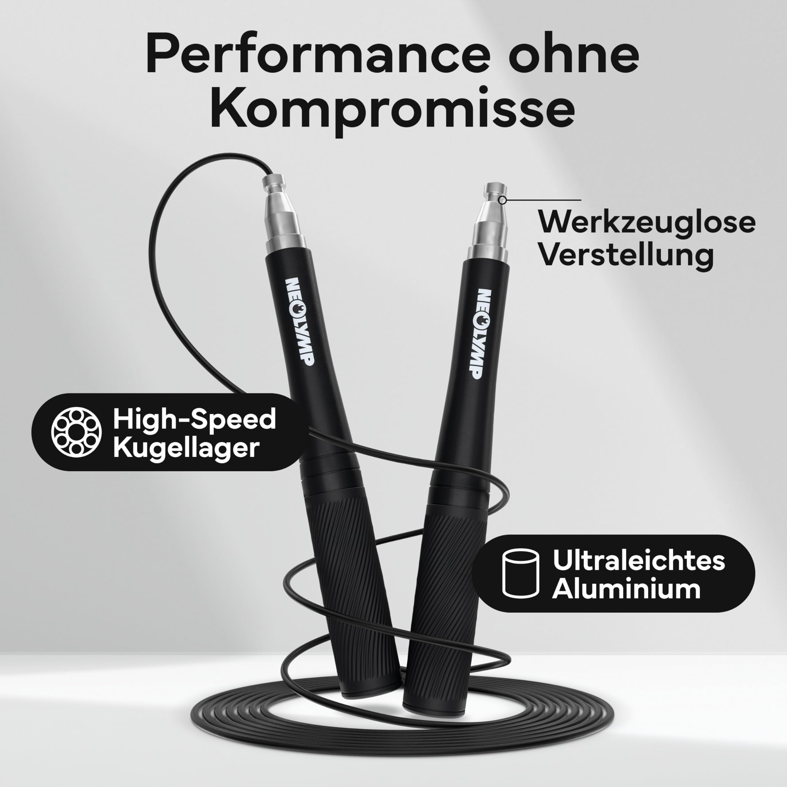 NEOLYMP Springseil Erwachsene Fitness - Speed Rope mit werkzeugloser Schnellverstellung - Ultraleicht Aluminium & 360° Kugellager - Premium Jump Rope für Crossfit Cardio Ausdauertraining