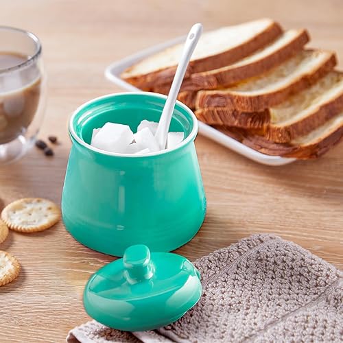 Miniatura 6 de Azucarero turquesa con tapa y cuchara, azucarero de cerámica verde azulado de 12 onzas con cuchara, contenedor de azúcar para barra de café, tazón