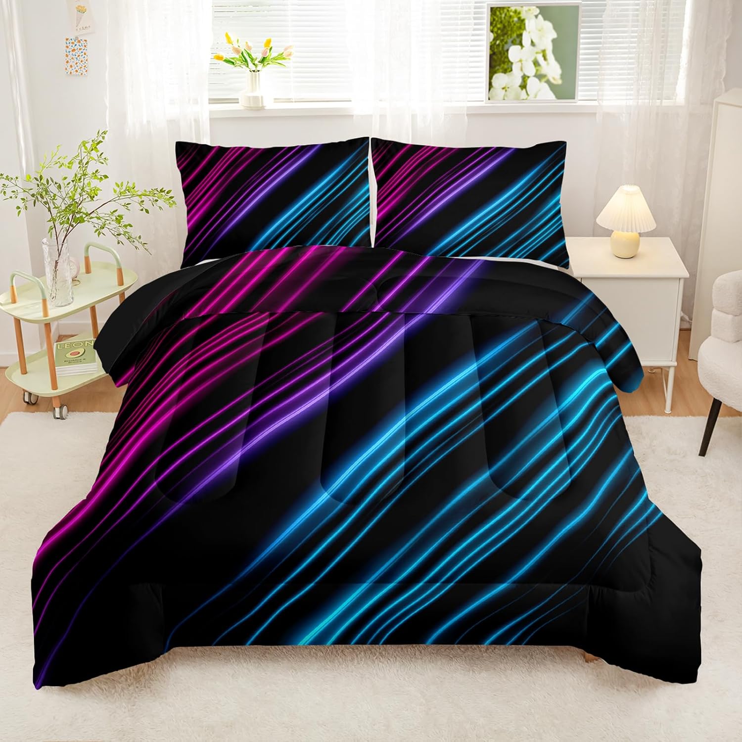 QOOMO Neon Line Kids Comforter Set, Color Lines Bedding Set, Lightweight Blue Comforter Sets, Full Bed Sets for Teen Girls Boys, 1 Comforter Set 2 Pillowcases