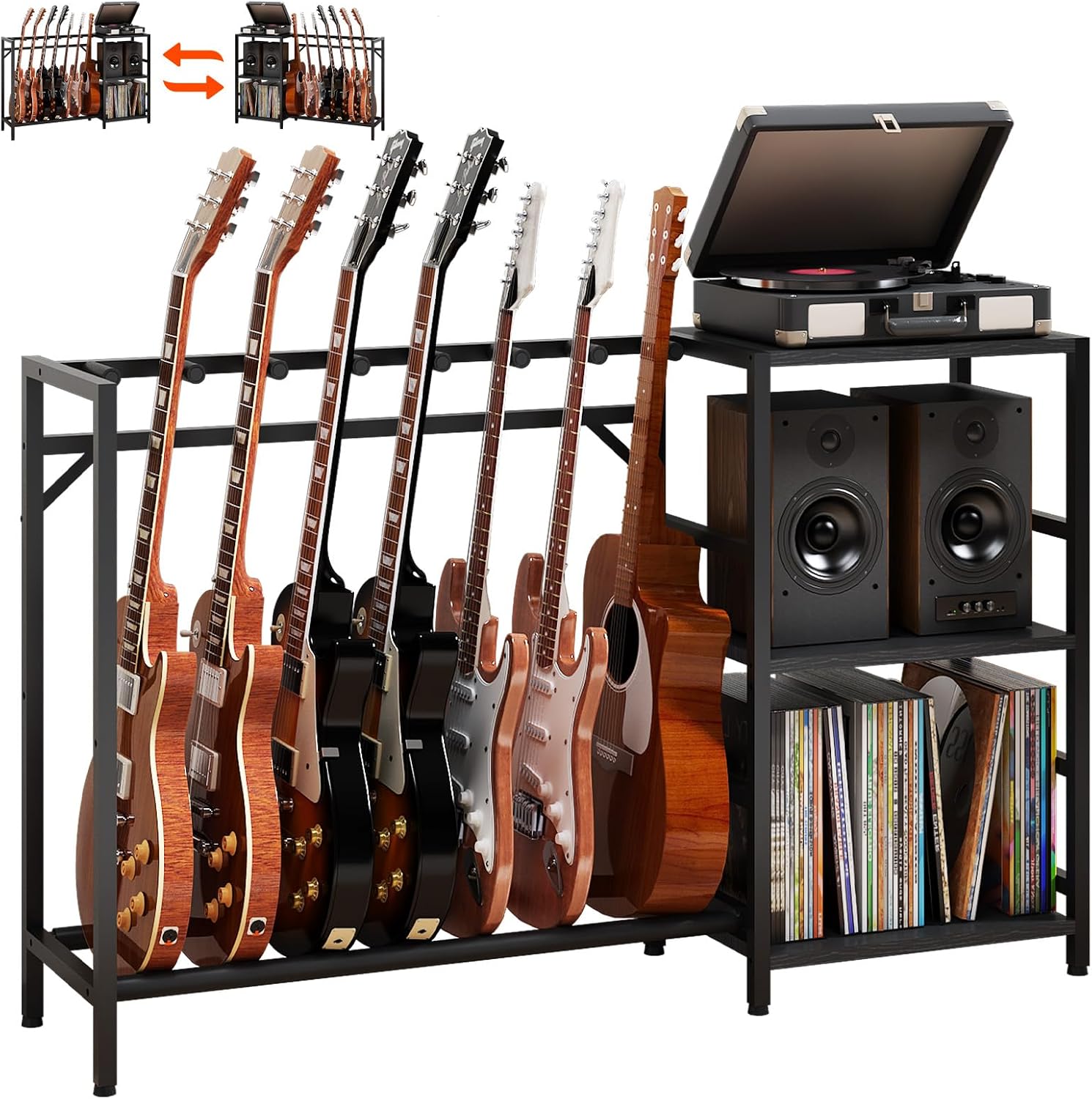 Guitar Stand with Record Player Stand, Guitar Rack with Record Player Table, Guitar Holder 7 Space for Multiple Guitars, Bass, Acoustic, Guitar Display for Home Music Studio, Black
