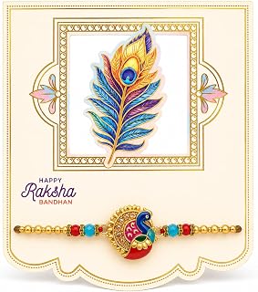 Premium Peacock Designer Rakhi for Brother | Gold Tone Peacock Rakhi with Colorful Enamel, Crystal Beads & Golden Beads | Traditional Raksha Bandhan Bracelet | Festive Gift