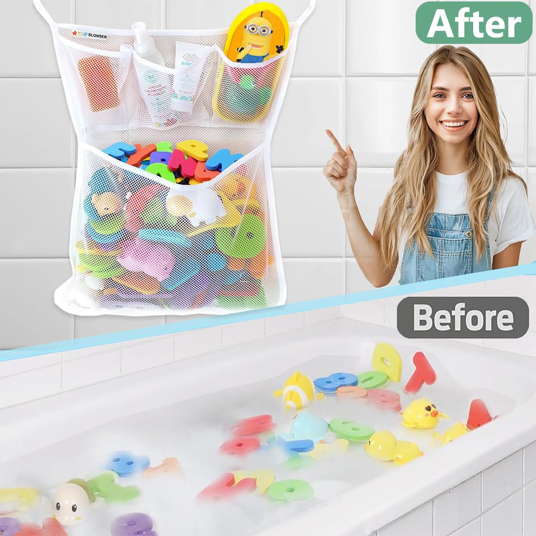 XYTAHDM Organisateur Jouets De Bain Pour Enfants – Filet Avec 6 Ventouses Puissantes – Rangement Salle De Bain & Baignoire