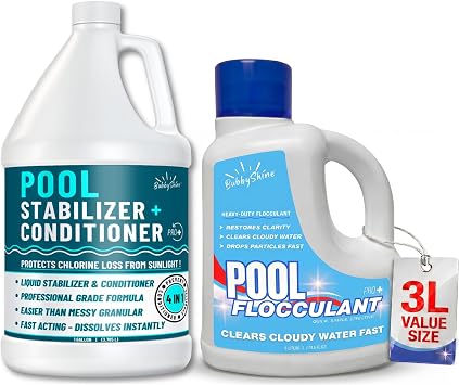 BubbyShine Pool Stabilizer and Pool Flocculant Bundle, Liquid Cyanuric Acid Pool Conditioner 1 Gallon + Pool Flocculant 3 L, Cloudy Water Drop Out Treatment for Inground & Above Grou