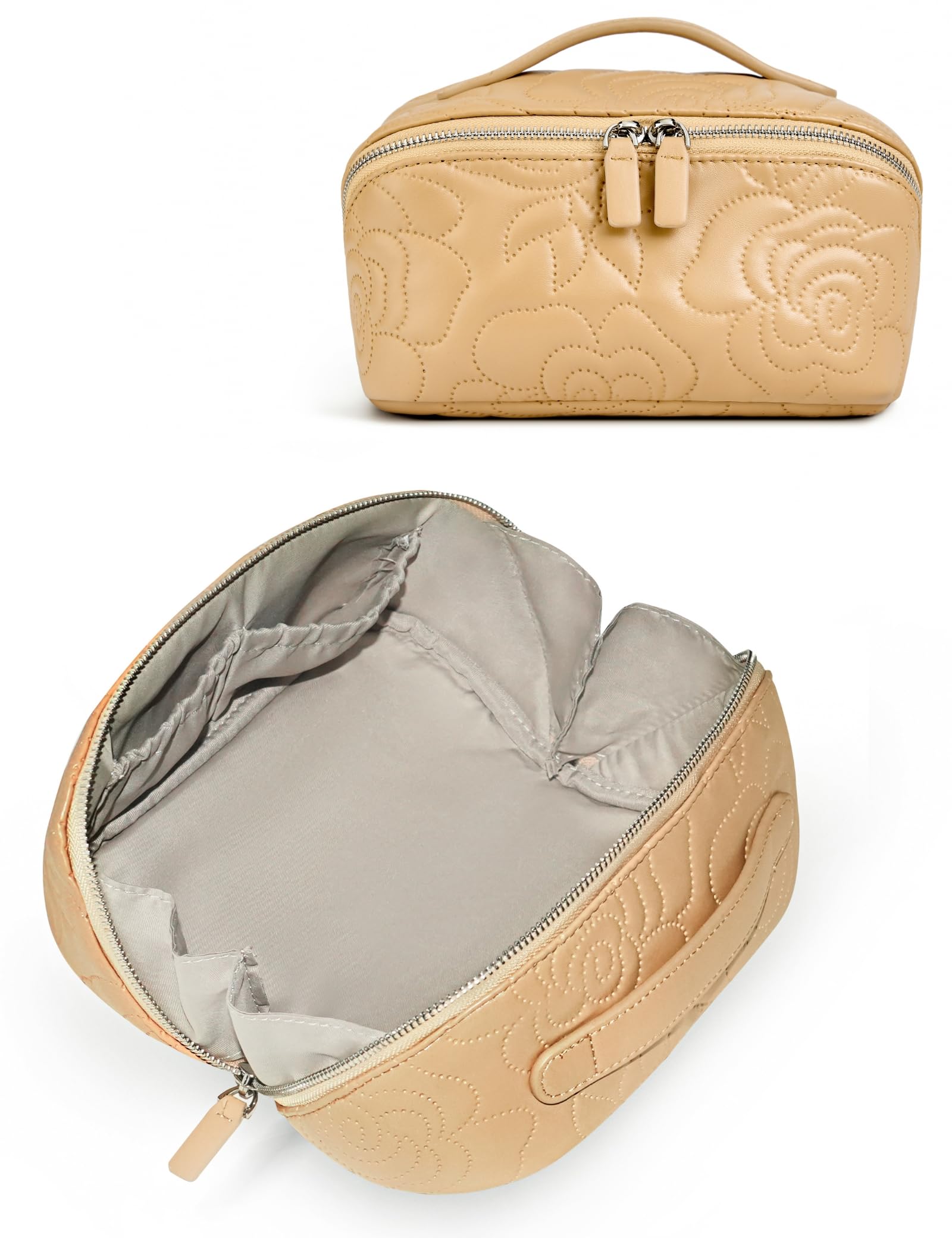 Popvibe Open Flat Makeup Bag Travel Cosmetic Case for Women, Large Capacity Toiletry Travel Bag with Zipper, Portable Aesthetic Floral Make Up