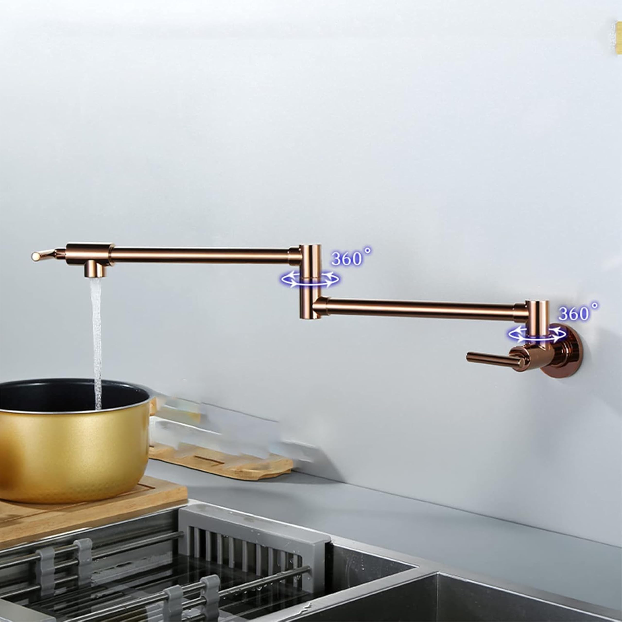 Rubinetto da parete per riempire pentole, rubinetto da cucina in ottone color oro rosa con doppia maniglia, rotazione a 360 gradi, braccio pieghevole ed estensibile a doppio snodo, foro singolo