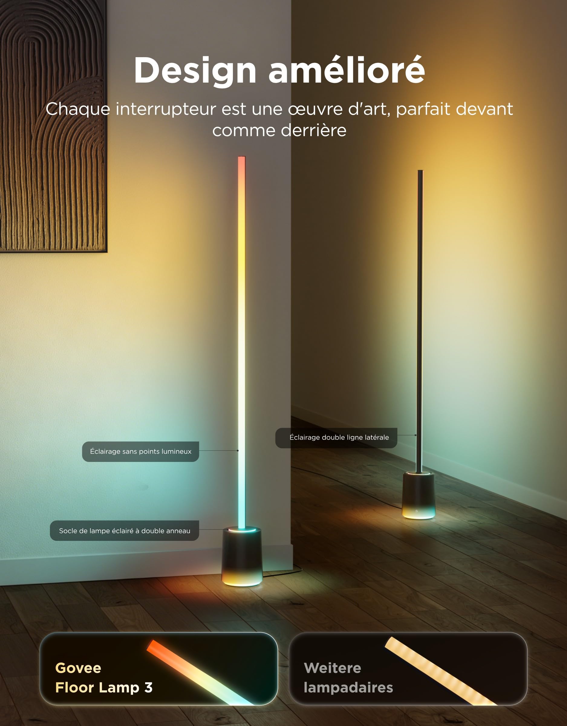 Govee Lampe au sol 3, technologie Luminblend+, RGBWWIC 2100lm dimmable, compatible Matter, 1000-10000K, lampe moderne pour salon, chambre, coin, avec scènes dynamiques