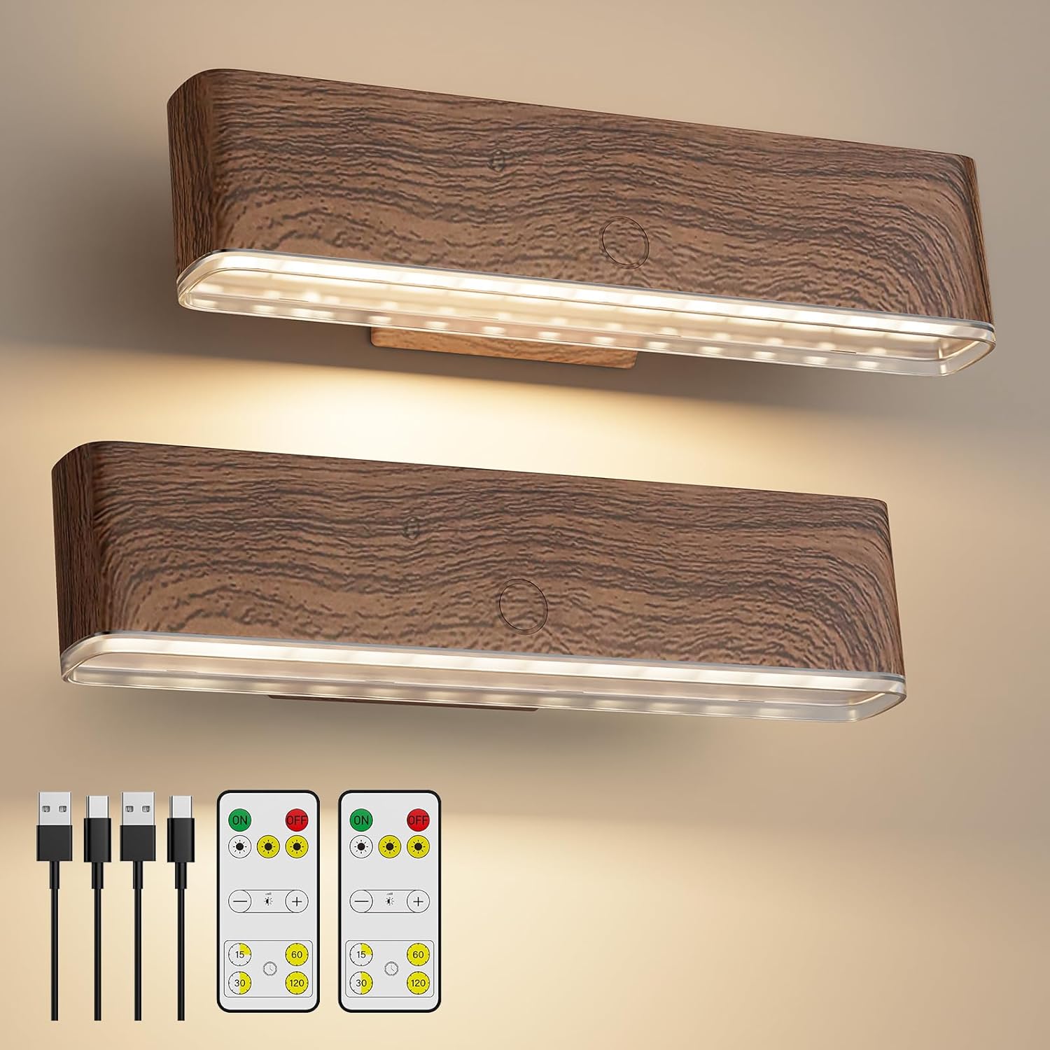 MOITA Magnetic Wireless Battery Operated Wall Sconce, Rechargeable Remote Control & Touch Control Wall Sconces Set of Two, 3-Color Temperatures LED Wall Lights, 360° Rotatable (Walnut, 2-Pack)