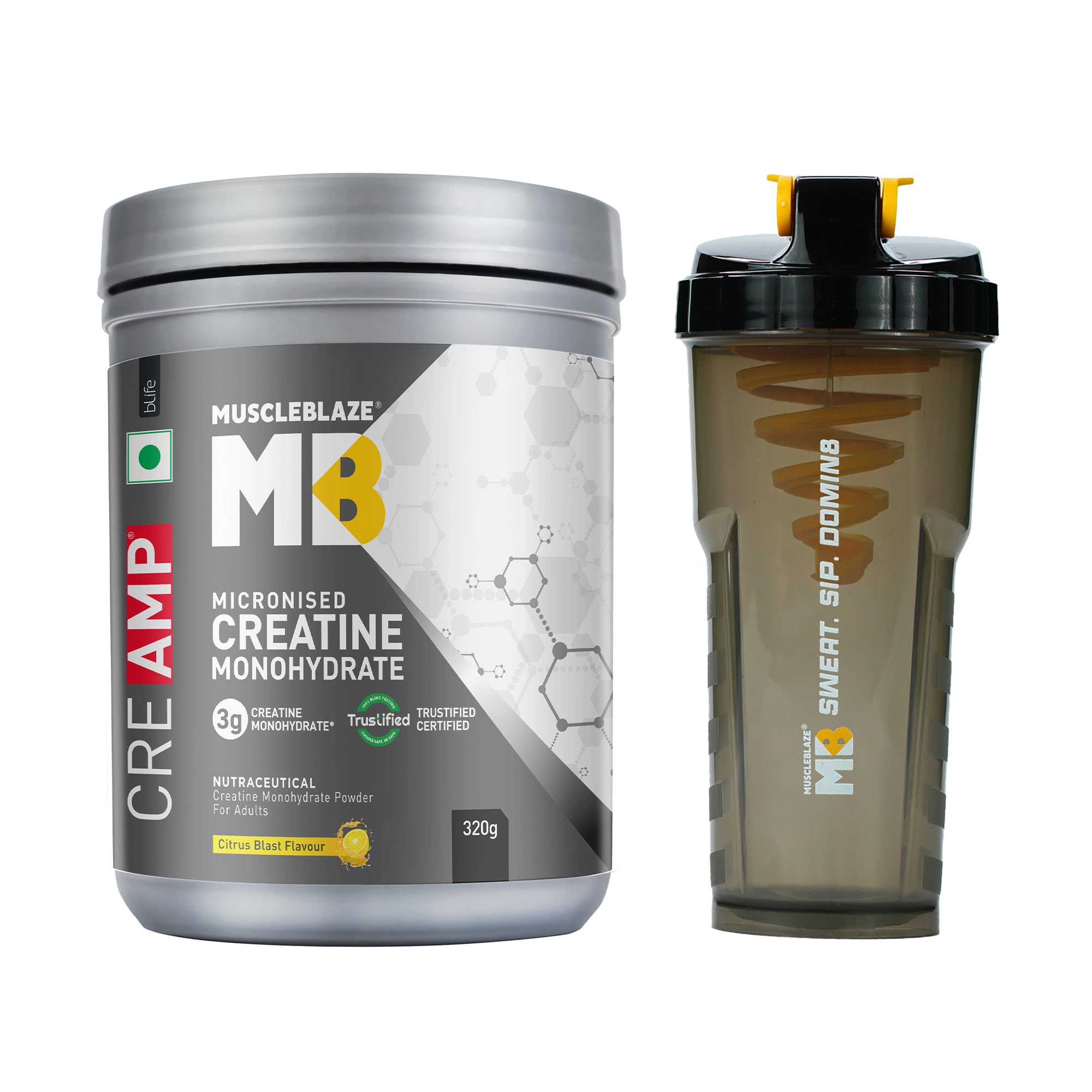 MuscleBlaze Micronised Creatine Monohydrate CreAMP Powder, Citrus Blast (320g) + Cyclone Blender Gym Shaker (700ml)