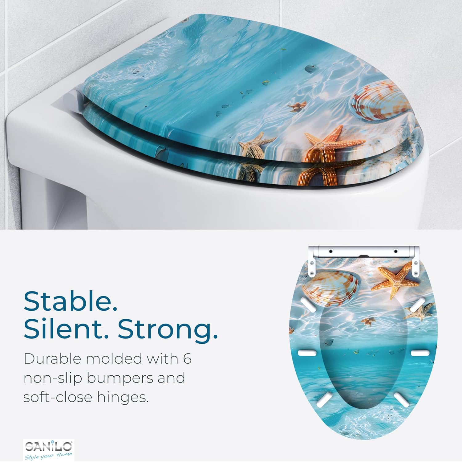 Sanilo Wooden Toilet Seat with Quick Release & Soft Close [ELONGATED] - Decorative & Slow Close Molded Wood Seat - With One Click for Easy Installation & Cleaning - With Adjustable Fit (Waterworld)