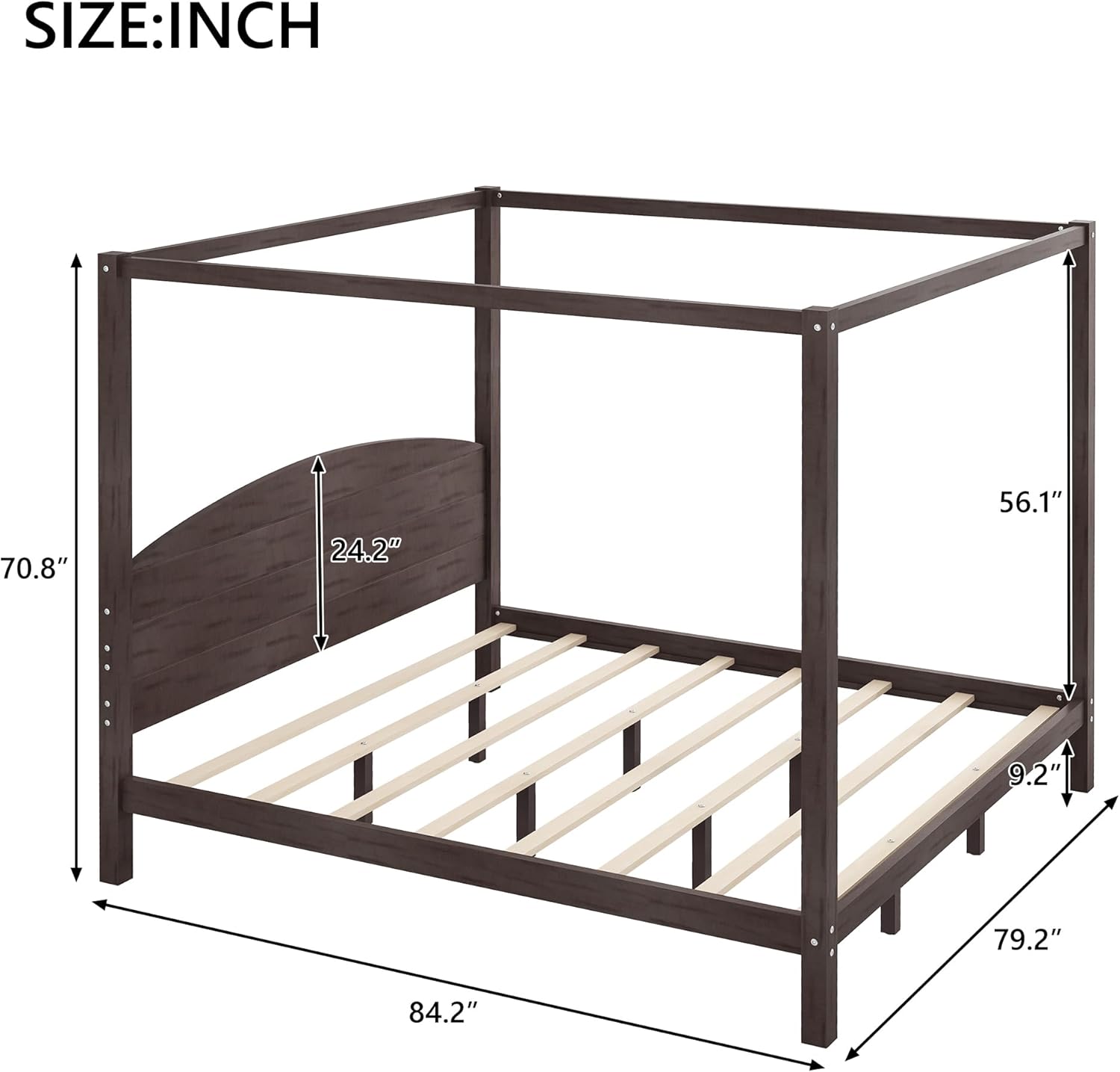 LUMISOL King Size Canopy Bed Frame with Headboard, Wood Platform Bed with Under Bed Storage, Four Poster Bed Frame with Slat Support Leg, No Box Spring Needed, Brown Wash