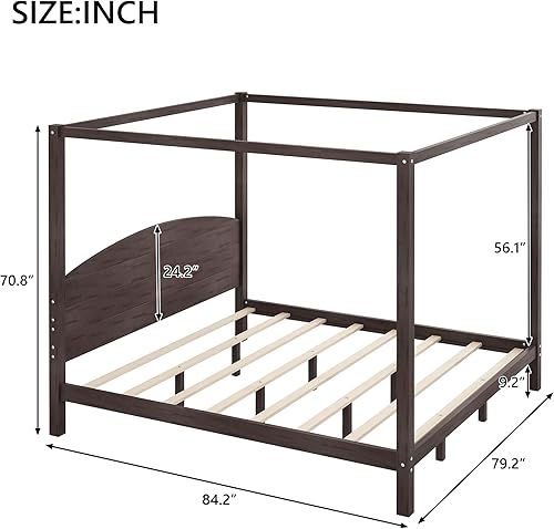 Miniatura 10 de Cama de plataforma tamaño King con cabecera y patas de soporte, marco de cama King de madera con cuatro pósteres, no requiere somier, gris lavado