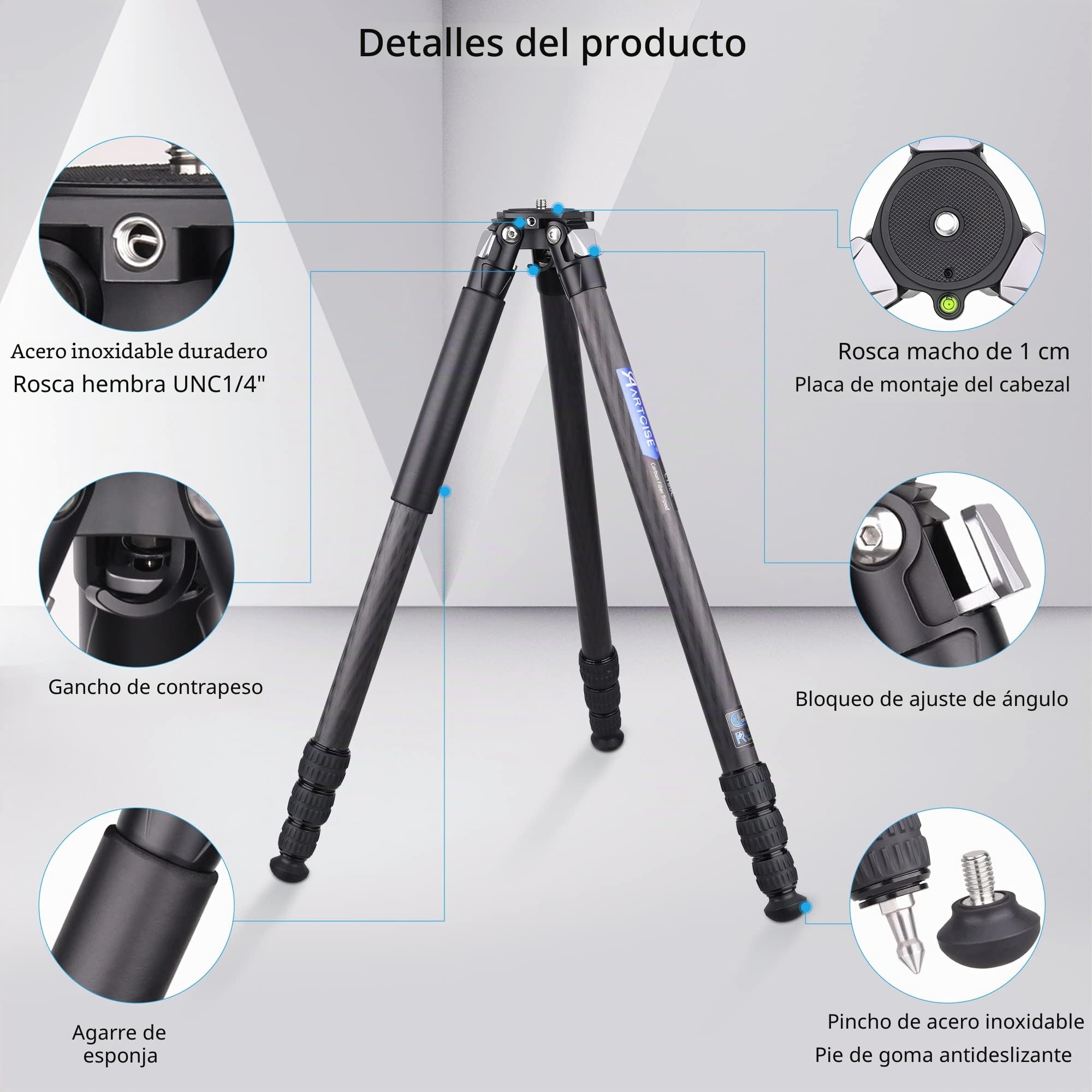 Trípode Compacto de Fibra de Carbono con Bolsa de Piedra ARTCISE CT80C Soporte de cámara de Viaje de Alta Resistencia para videocámara Canon Sony Nikon DSLR, Carga máxima 25 KG