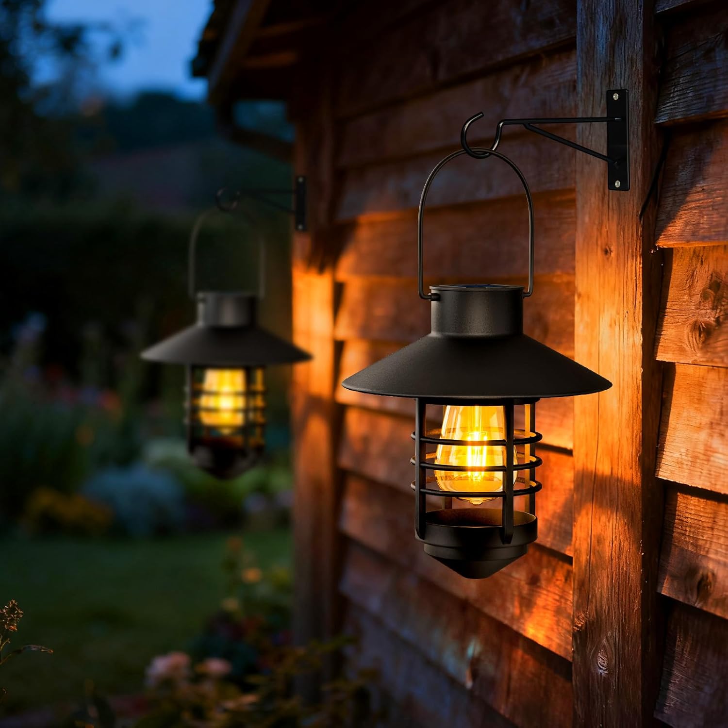2 Pack Solar Lanterns Outdoor, Waterproof Hanging Solar Lights with Wall Mount Kit, Plastic Lanterns Solar Powered for Garden Decor, Patios, Trees, Front Porch, Gifts for Women Mom