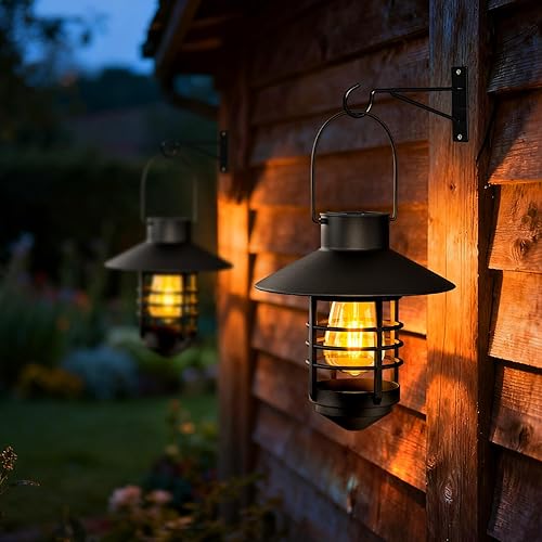 Miniatura 2 de Paquete de 2 faroles solares para exteriores, luces solares colgantes impermeables con kit de montaje en pared, faroles de plástico alimentados por