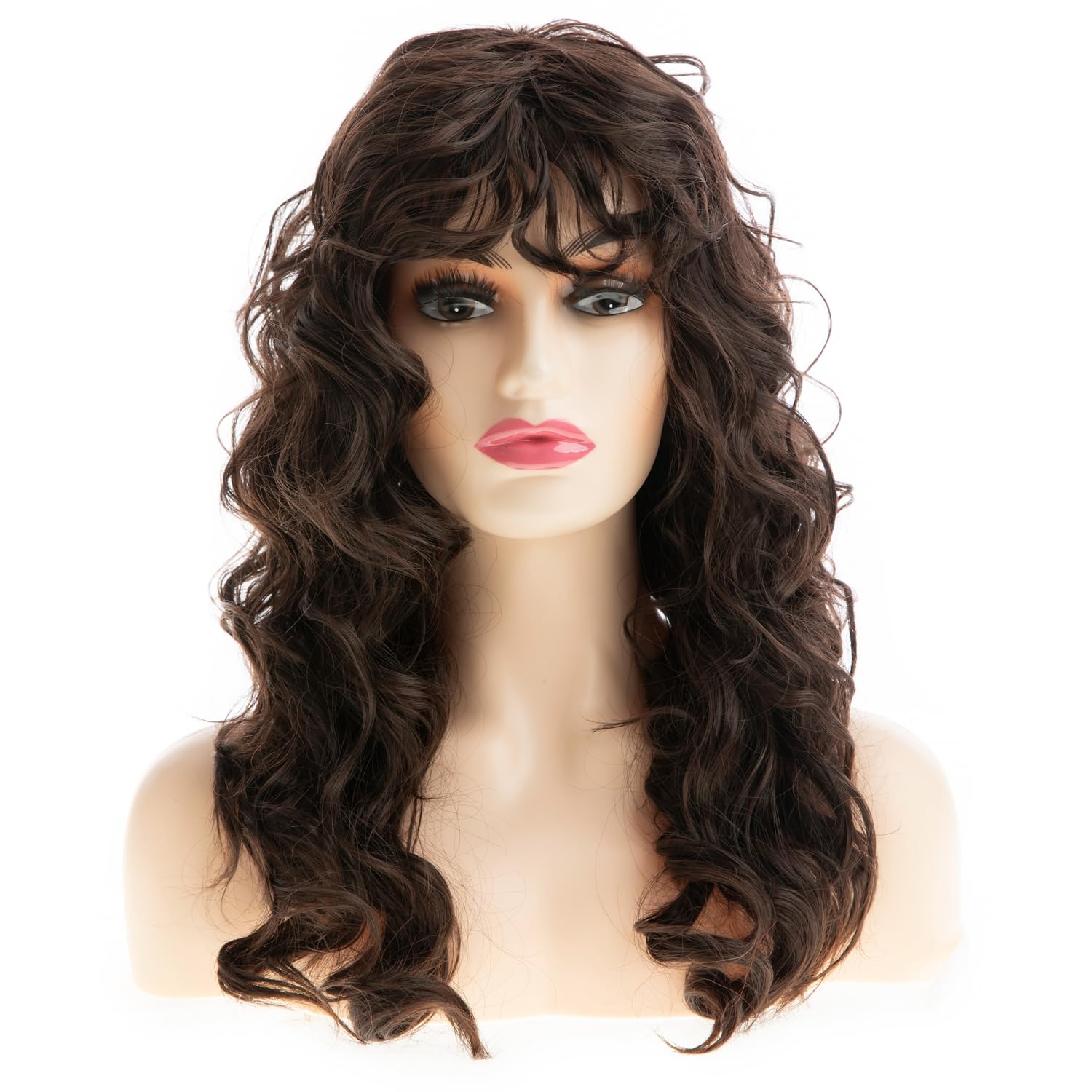 Long Curly Wavy Brown Wig for Women Long Dark Brown Wig with Bangs Heat Resistant Synthetic Hair Cosplay Party Costume Wig - Image 2