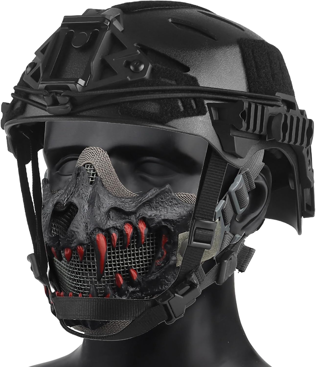 Tactical Multi Functional Rail Helmet, Airsoft Mesh Half Face Mask, for Halloween Cosplay Paintball CS Hunting, Full Face Protection Gear