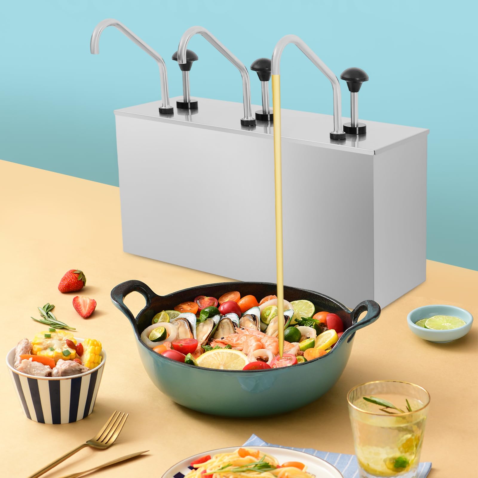 Dispenser per salse in acciaio inox, 3 x 4 l, per ristorante e cucina, con dispenser per pompe per ketchup Mayo senape, dosatore per ristorante e cucina, attrezzature igieniche a buffet