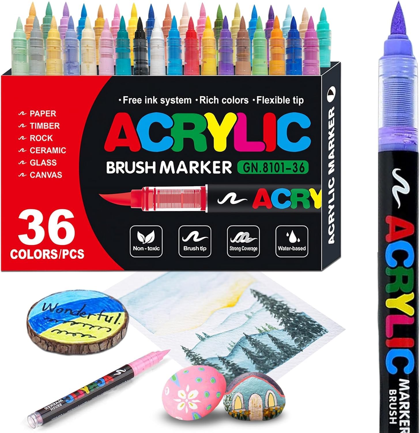 36 Colors acrylic paint Pens - Soft Brush Tip Acrylic Markers, Quick-Drying Waterproof Acrylic paint Markers for Canvas, Wood, Metal, Ceramic, Stone, Egg, Rock Painting and DIY Art Crafting