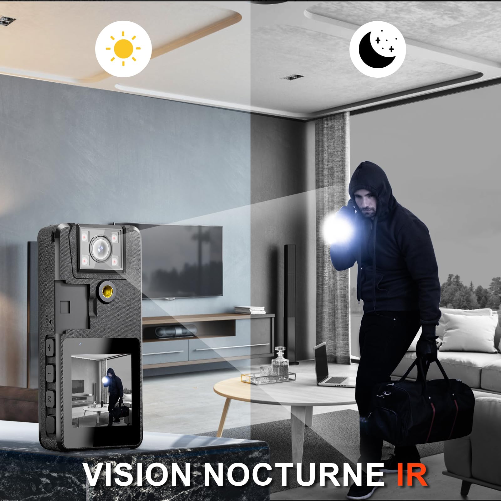 64GB Caméra de Corps, 1296P HD Caméra Corporelle (3000mAh) avec Vision Nocturne IR et Objectif Pivotant à 180°, Caméscope avec Audio et Vidéo Idéales pour Civils, Police Forces de L'ordre