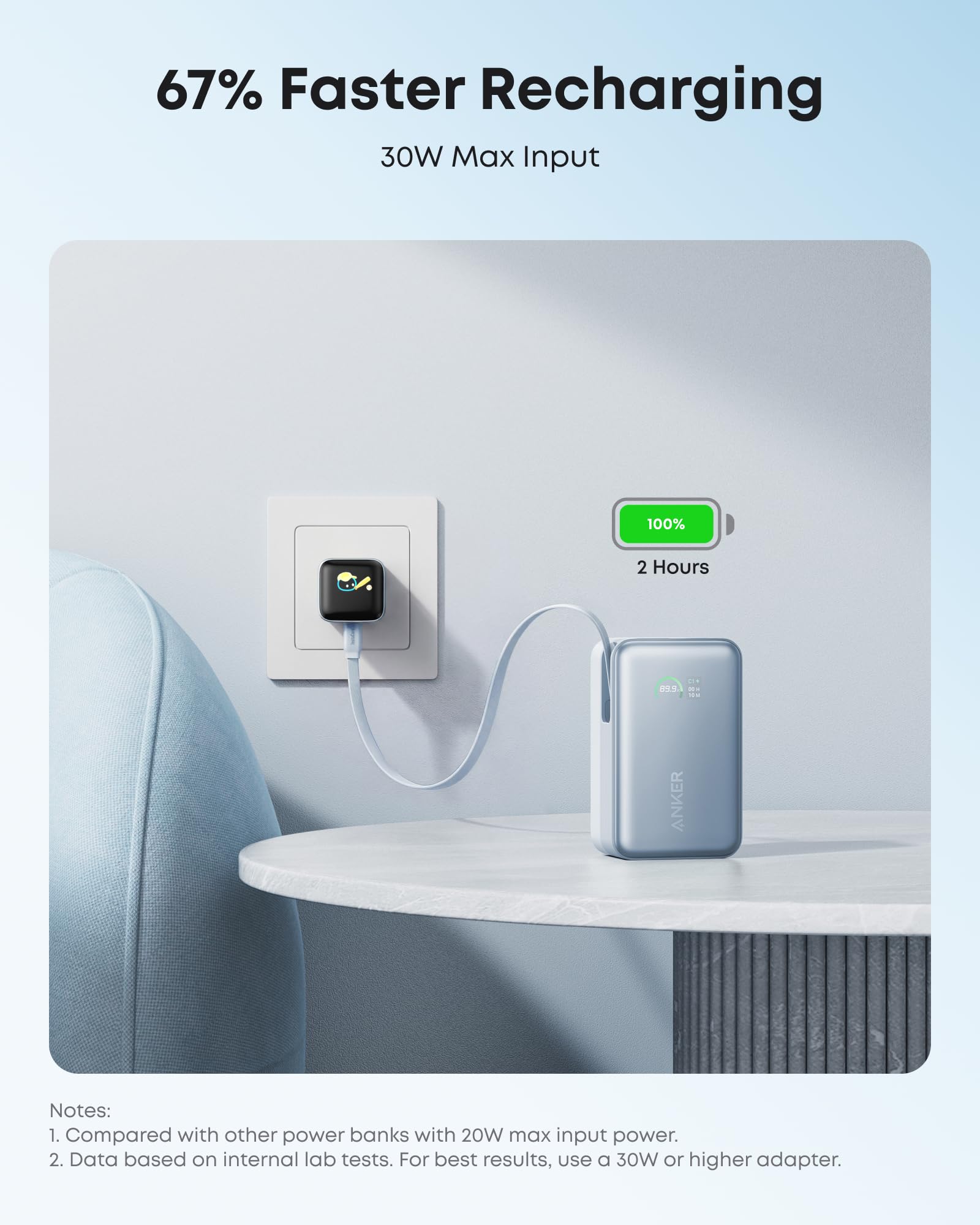 Powerbank Anker Nano, zewnętrzny akumulator 10 000 mAh z 70-centymetrowym zwijanym kablem Anker InstaCord, kompaktowa bateria o mocy maks. 45 W, inteligentny wyświetlacz
