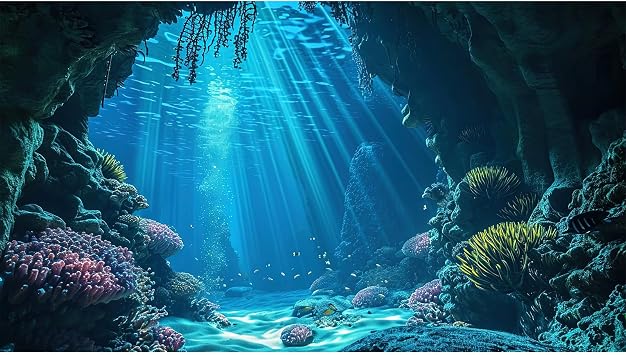 Under The Sea Aquarium Background Underwater Grotto with Soft Corals Reefs Fish Tank Background Blue Ocean Tropical Cave Sunlight Rays Deep Sea Fish Tank Backgrounds Aquarium Wallpaper 24x12in