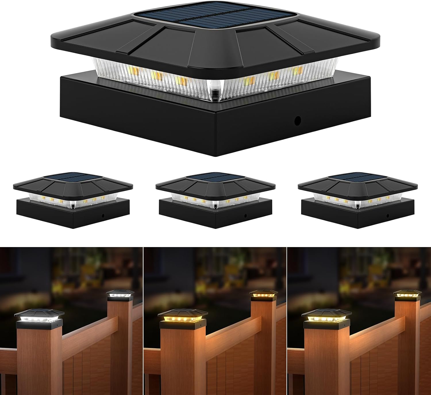4x4 Solar Post Cap Lights Outdoor [4 Pack Waterproof IP65], 3 Lighting Modes for Fence Deck Patio Garden Decor, Dusk-to-Dawn Solar Powered Post Lights Fit 4x4 Wood/Vinyl