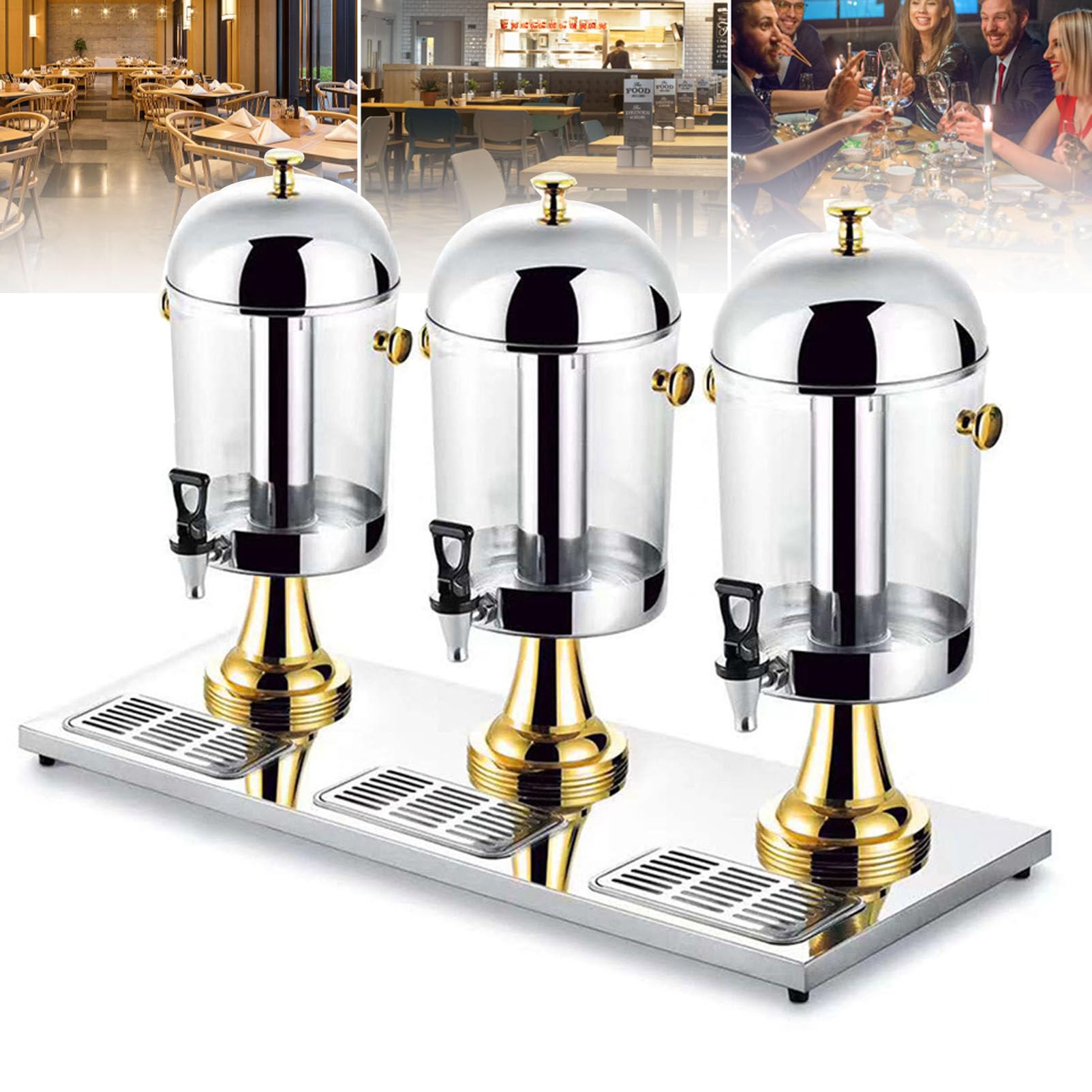 Distributore di succo in acciaio inossidabile, 24L Dispensatore freddo Duva pesante succo freddo bevanda beretta commerciale Dispenser a tre spremiagrumi per la colazione a buffet bar hotel,Gold