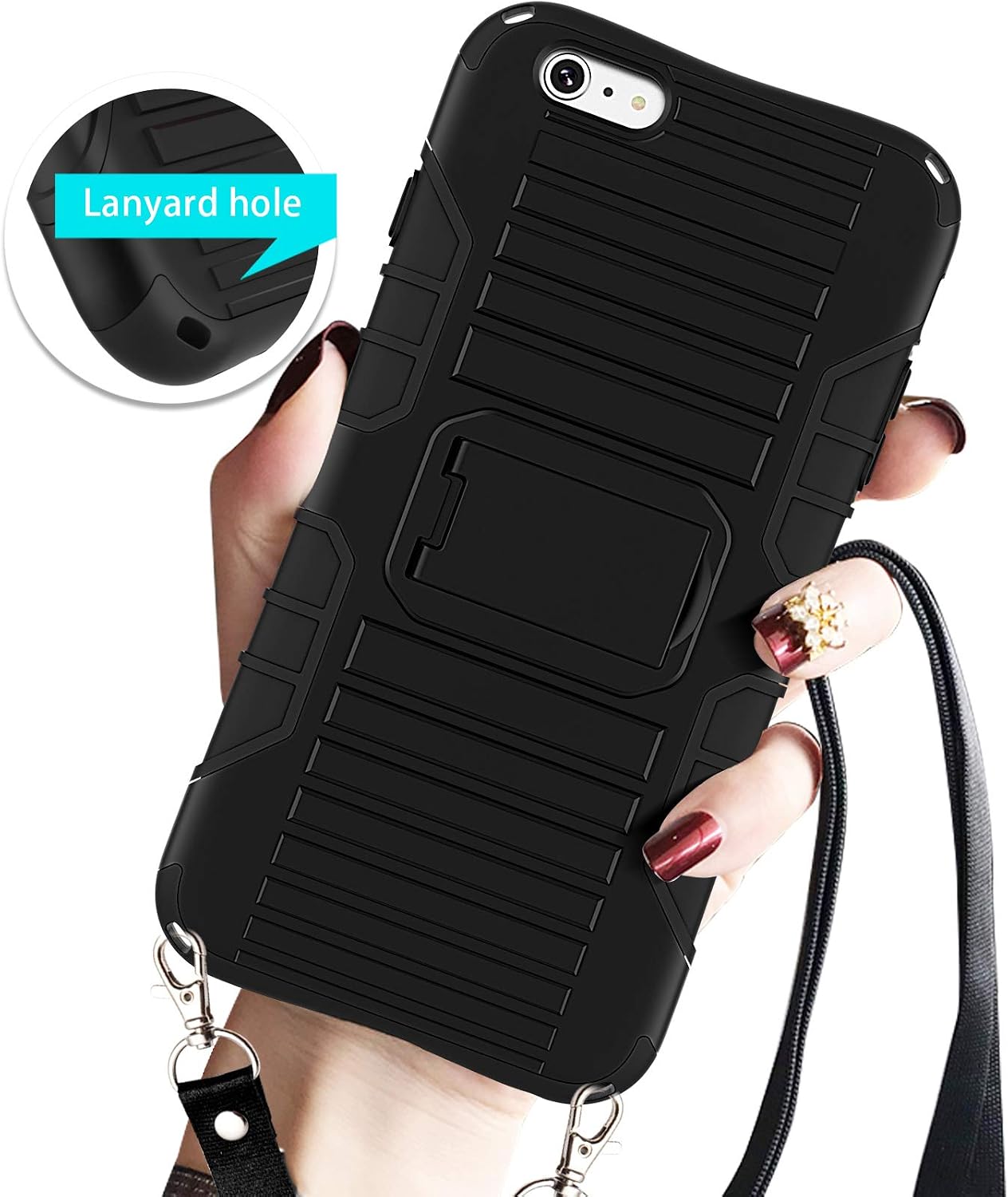 E-Tree iPhone 6S Case, iPhone 6 Case, with Cross Body Strap and Stand, 2 in 1 Shockproof Hybrid Hard PC & Soft Rubber, Crossbody Lanyard Perfect for Go Outside and Kid Elderly,Black