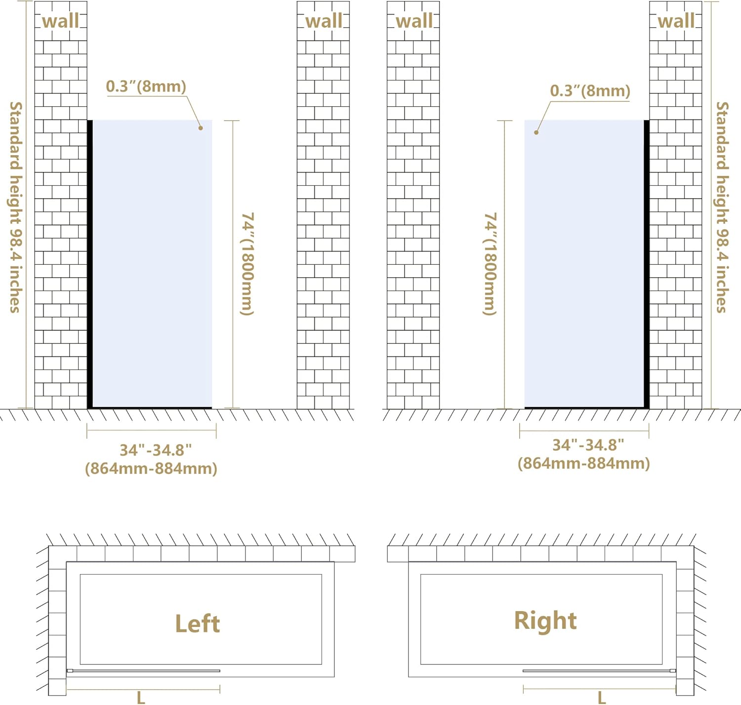 Bathroom Shower Door Screen, 34 in. W x 74 in. H Single Panel Frameless Shower Screen with Tempered Glass, for Bathroom and Bathtub, Clear Shower Door Screen with Matte Black Rods