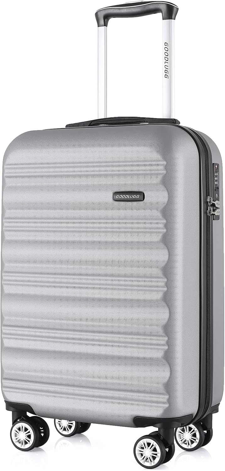 GOODLUGG Hardshell Carry-ons with TSA Lock and Spinner Wheels, Silver, 20 Inch Cabin Bag, Hardshell Stuicase with Aluminum Telescopic Handle