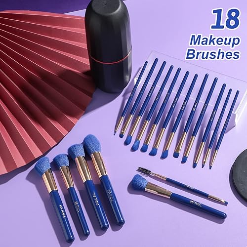 Miniatura 6 de BS-MALL Brochas de maquillaje sintéticas de alta calidad, correctores de polvo, sombras de ojos, juego de brochas de maquillaje, 18 piezas, azul