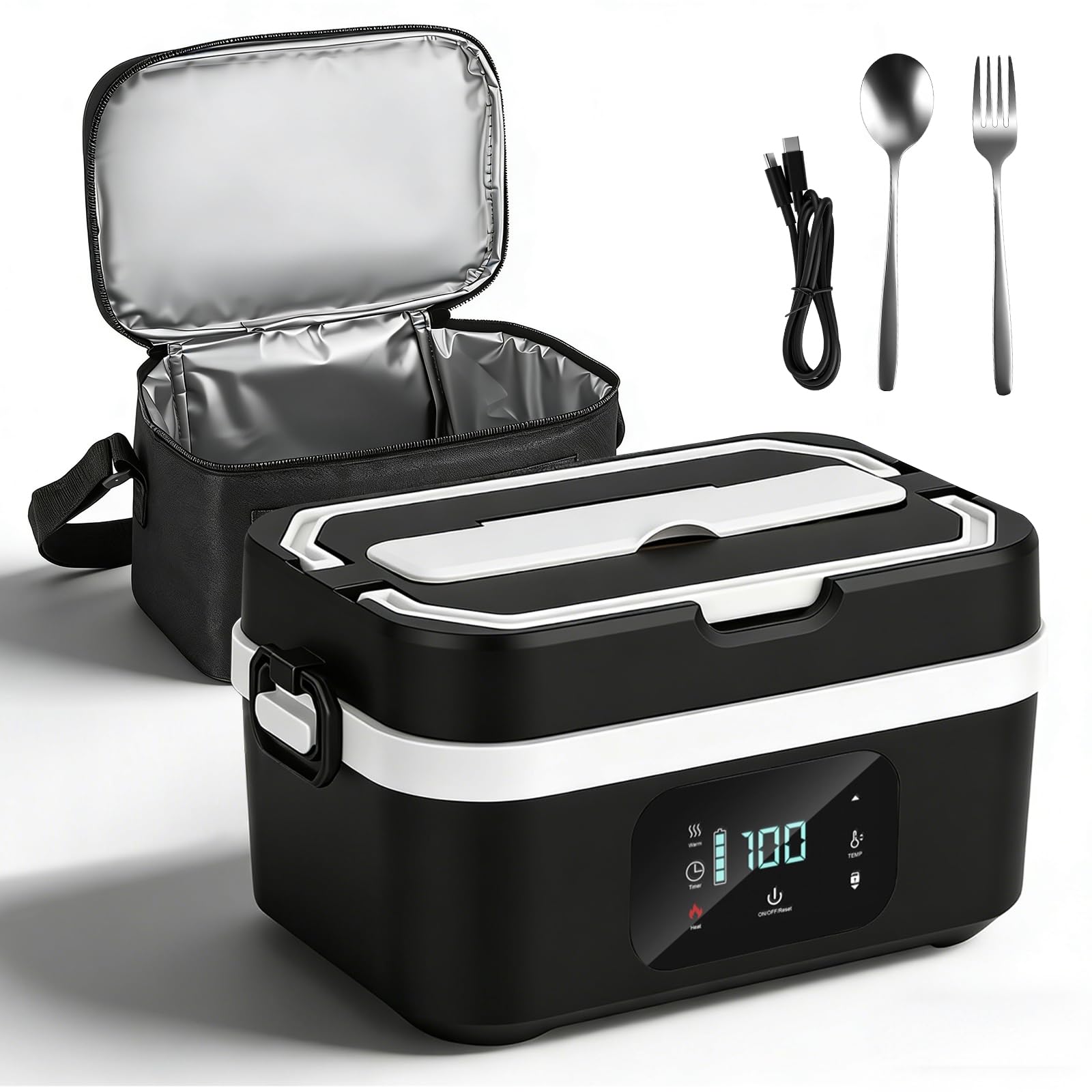 Ciotola riscaldata a batteria 30000 mAh, 100 W, contenitore riscaldante ricaricabile 1,3 l, in acciaio inossidabile, con contenitore riscaldante per pasto con timer, sacchetto isotermico posate