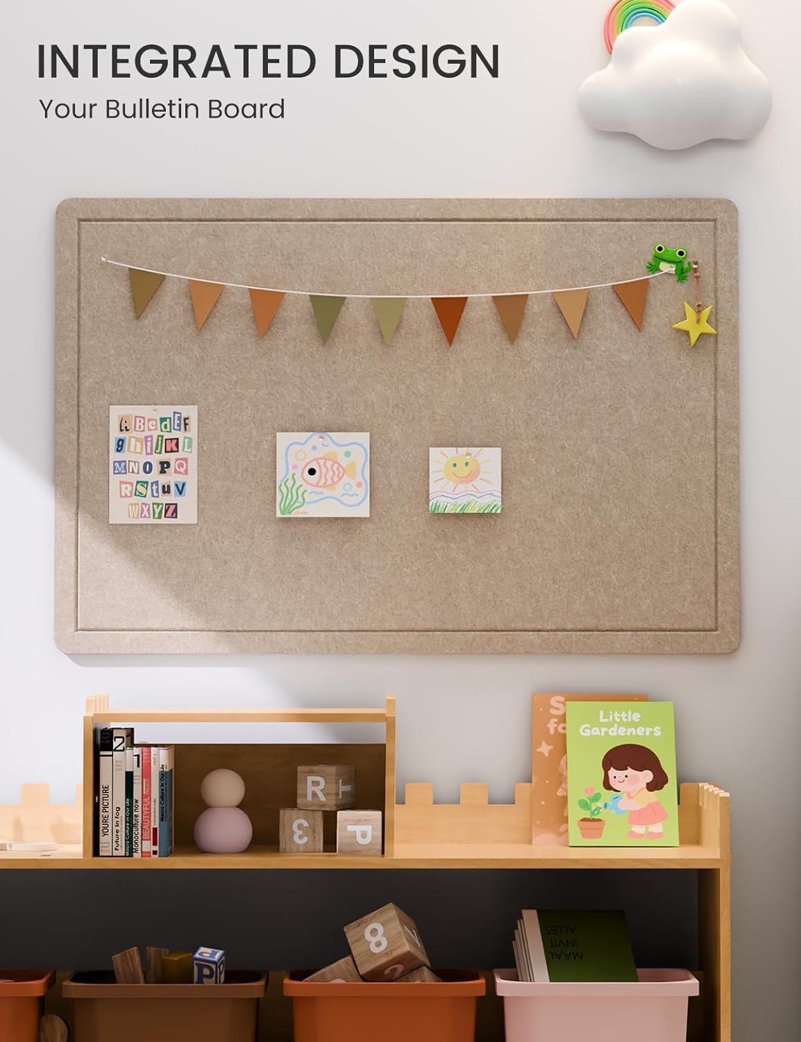 Fluxynara Bulletin Board, 35" x 17.5" Cork Board Alternative with 12 Safe Removable Adhesive Tabs, Foldable Felt Pin Board for Home Office, Classroom, Bedroom,Entryway for Walls—Taupe