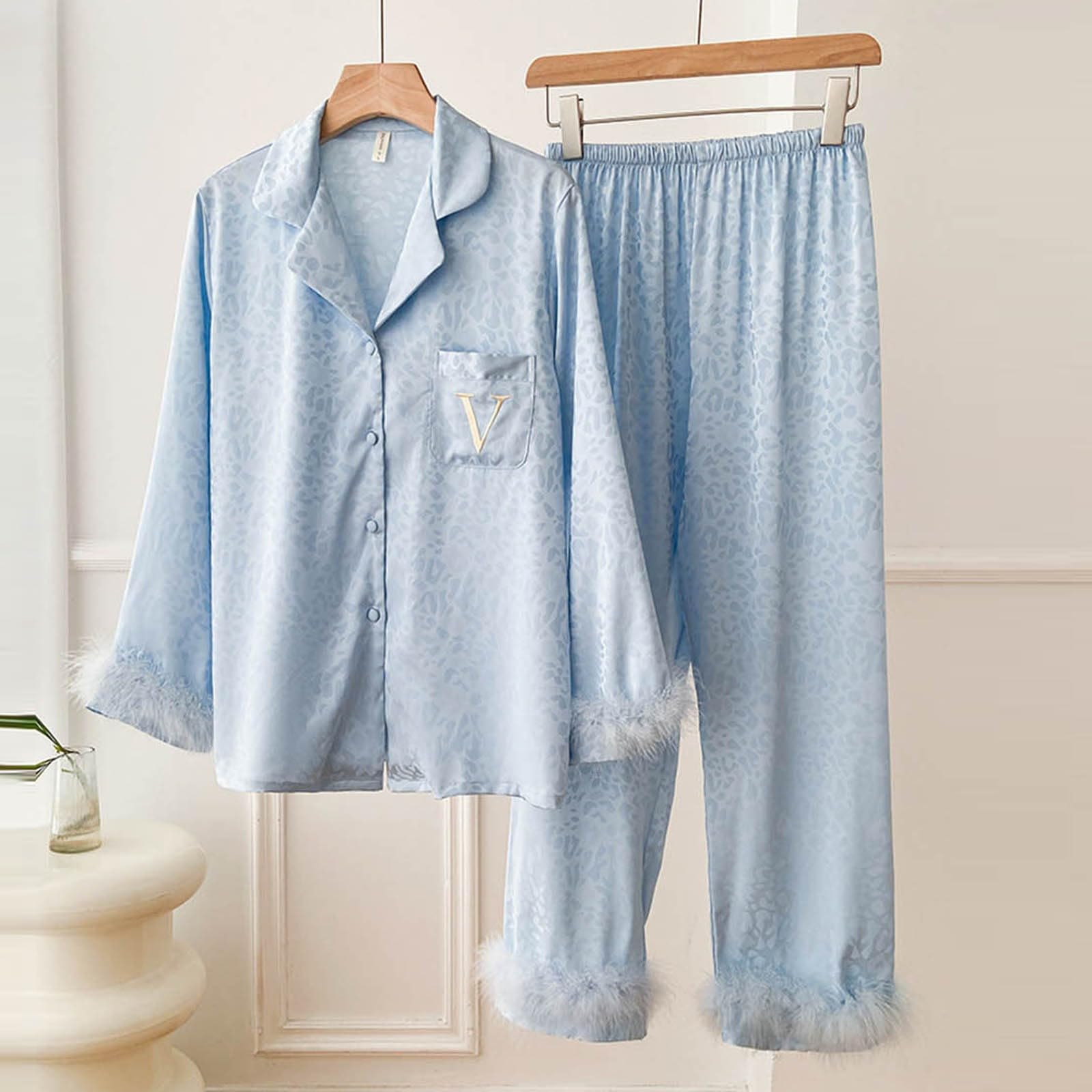 Pijamas para Mujer,de Seda de Hielo con Solapa y Botones de Manga Larga con Plumas Sexis para Mujer, Traje de Dos Piezas para el