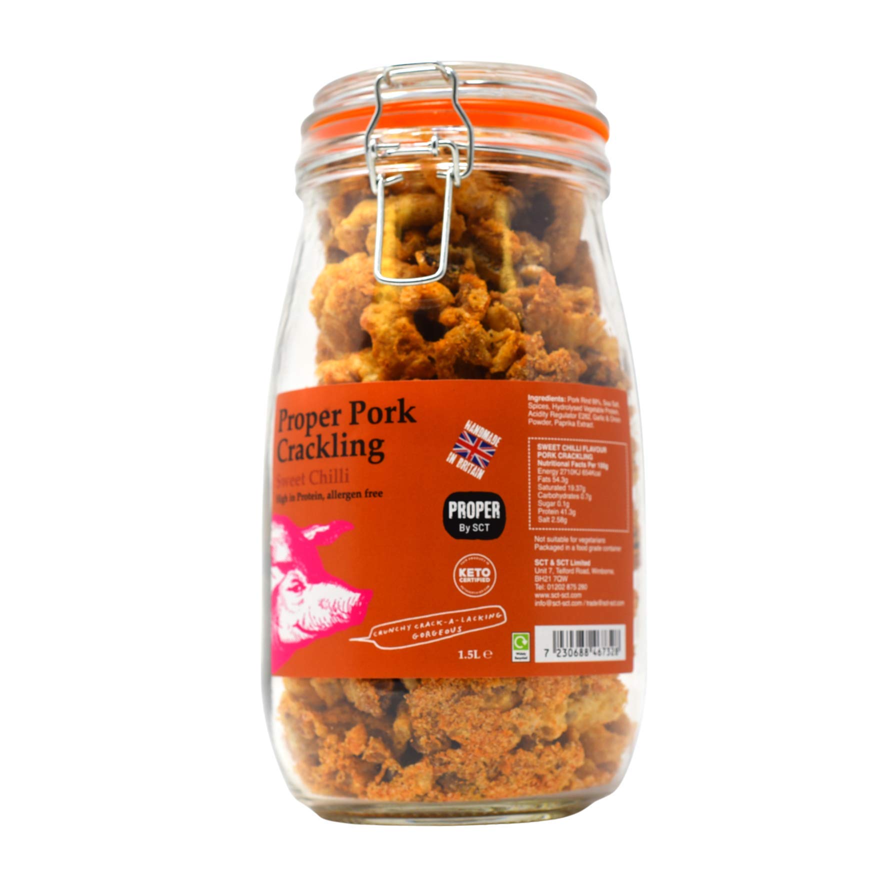 SCT Proper Pork Crackling 1.5L Glass Jar - 11 Flavours Available - Keto, Gluten & Allergen Free, Low Carb, High Protein - Handmade in Britain… (Sweet Chilli)