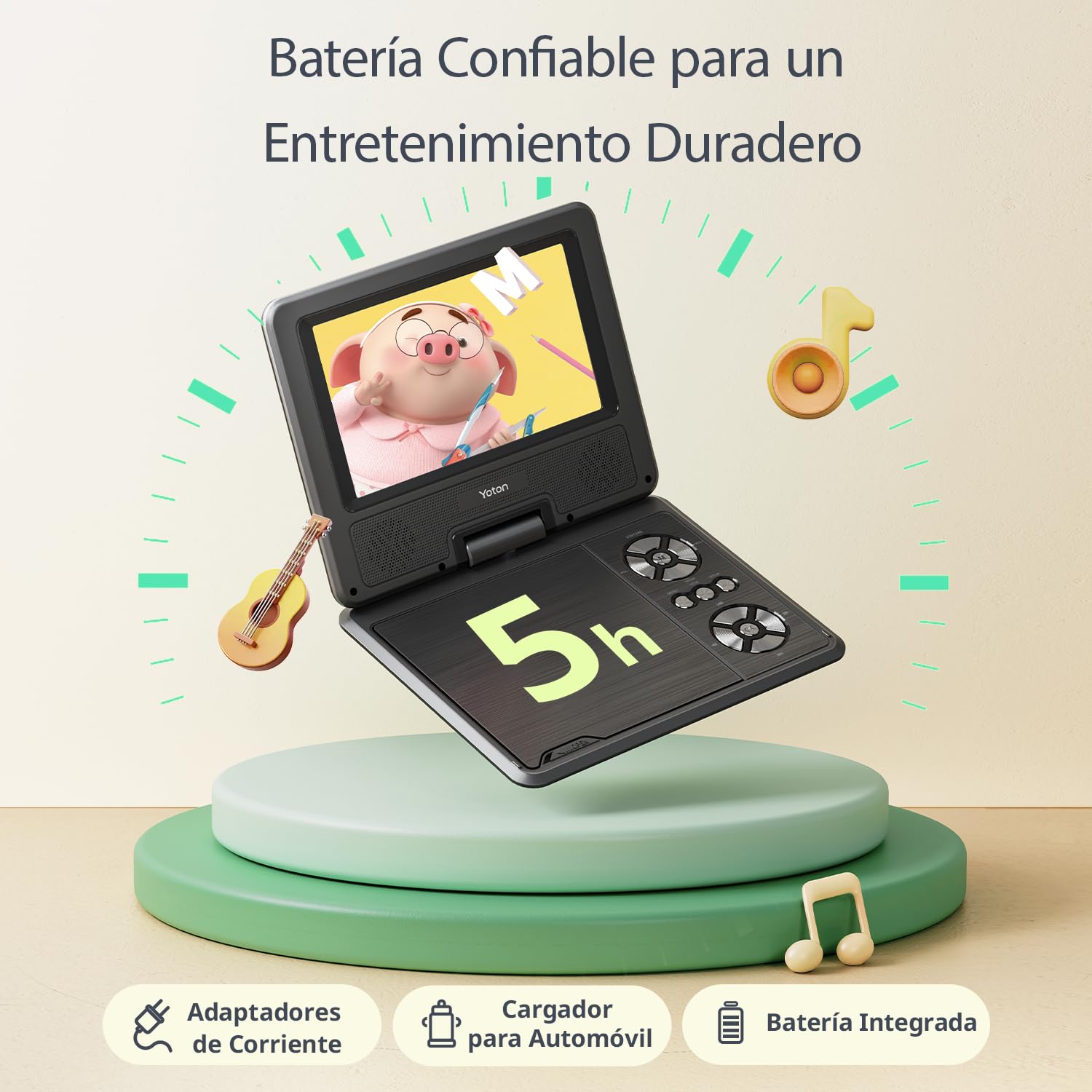Reproductor DVD portátil Yoton de 9.5", con pantalla giratoria HD de 7.5" para niños, altavoces estéreo, batería interna con autonomía de hasta 6 horas, compatible con sincronización TV/USB/tarjeta SD