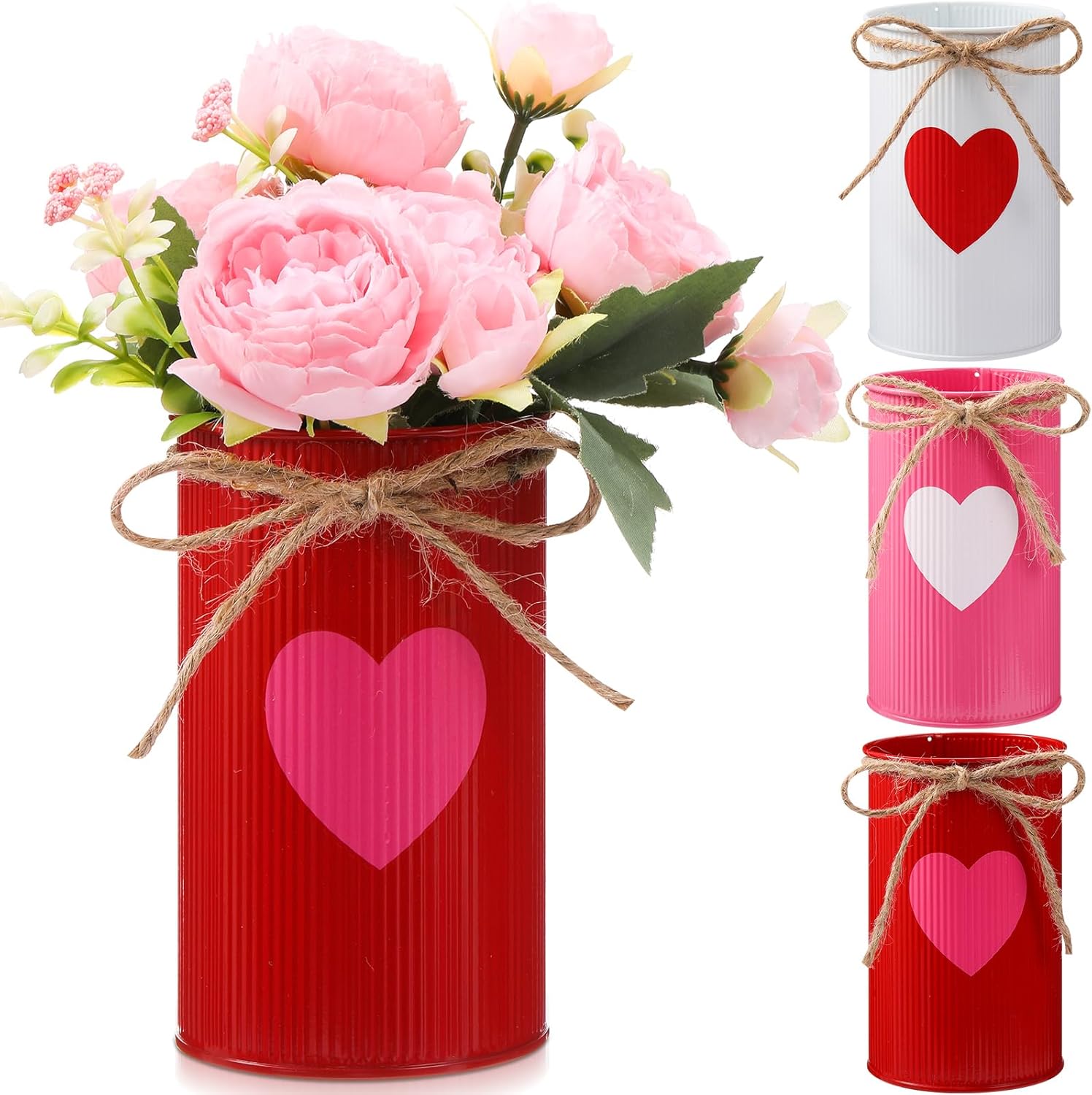 Domensi 6 Pcs Valentine's Day Vases Decor Valentines Table Centerpiece Red Pink Heart Galvanized Metal Vases for Flowers Utensil Holder Jar for Kitchen Home Wedding Galentine's Day Party Decorations