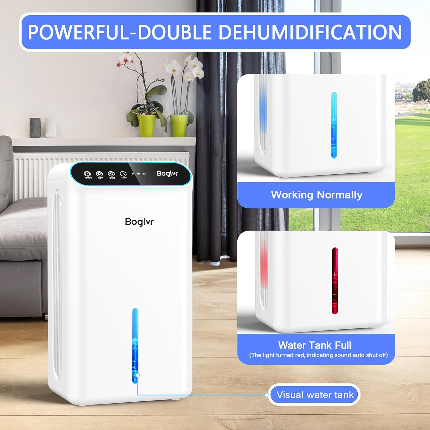 Image showing the dehumidifier operating normally and with the water tank full, indicated by a red light.