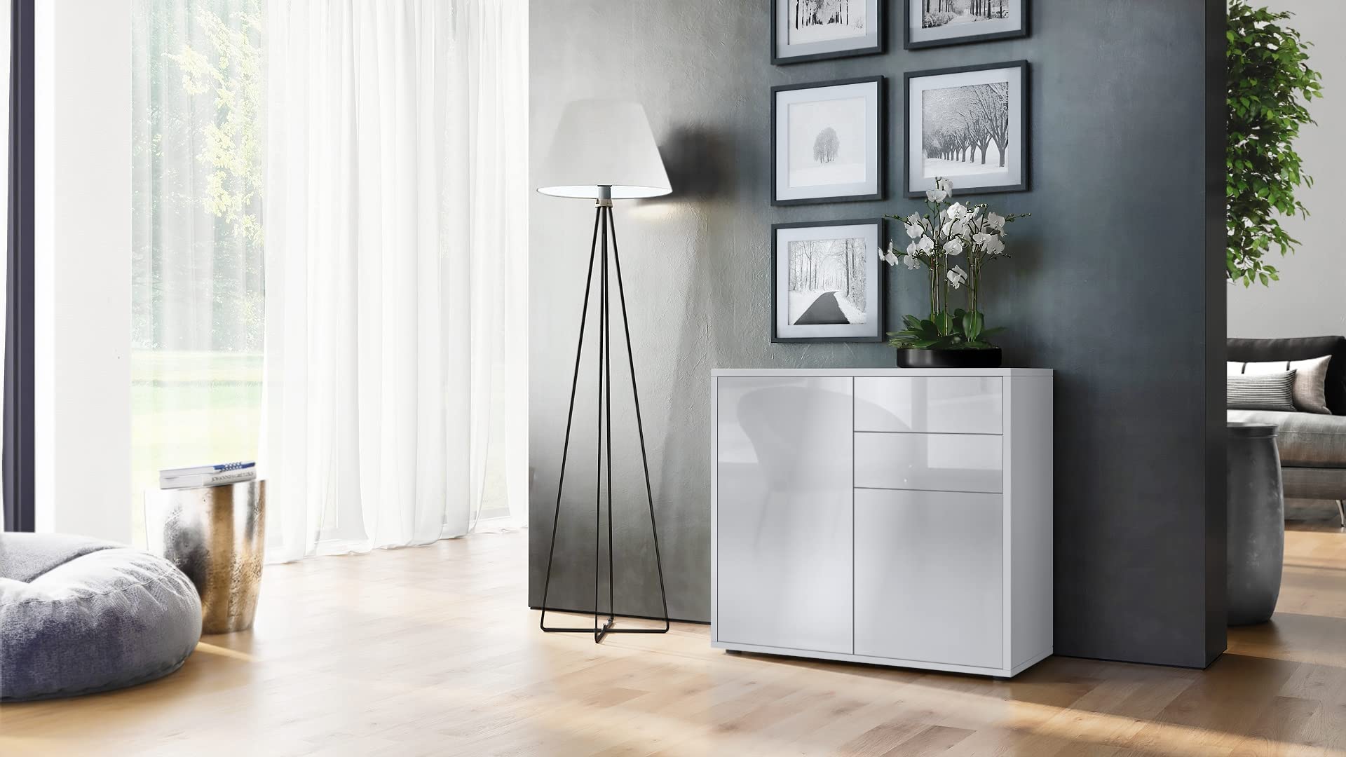 Vladon Sideboard Ben, Made in Germany, Kommode mit 2 Türen und 2 Schubladen, Weiß matt/Weiß Hochglanz (79 x 74 x 36 cm)