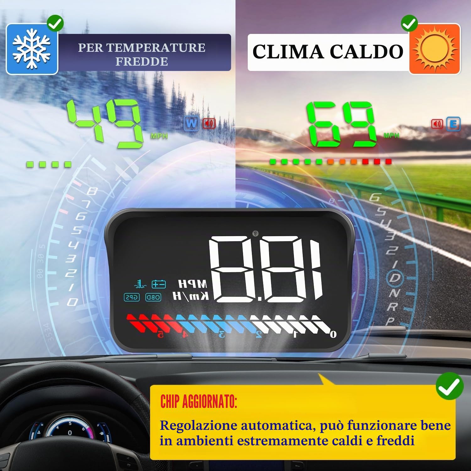 Auto HUD Display OBD2 & HUD Display GPS Dual System, Tachimetro Auto Misuratore di temperatura dell'acqua Misuratore di velocità del motore Allarme di sicurezza applicabile a tutti i veicoli
