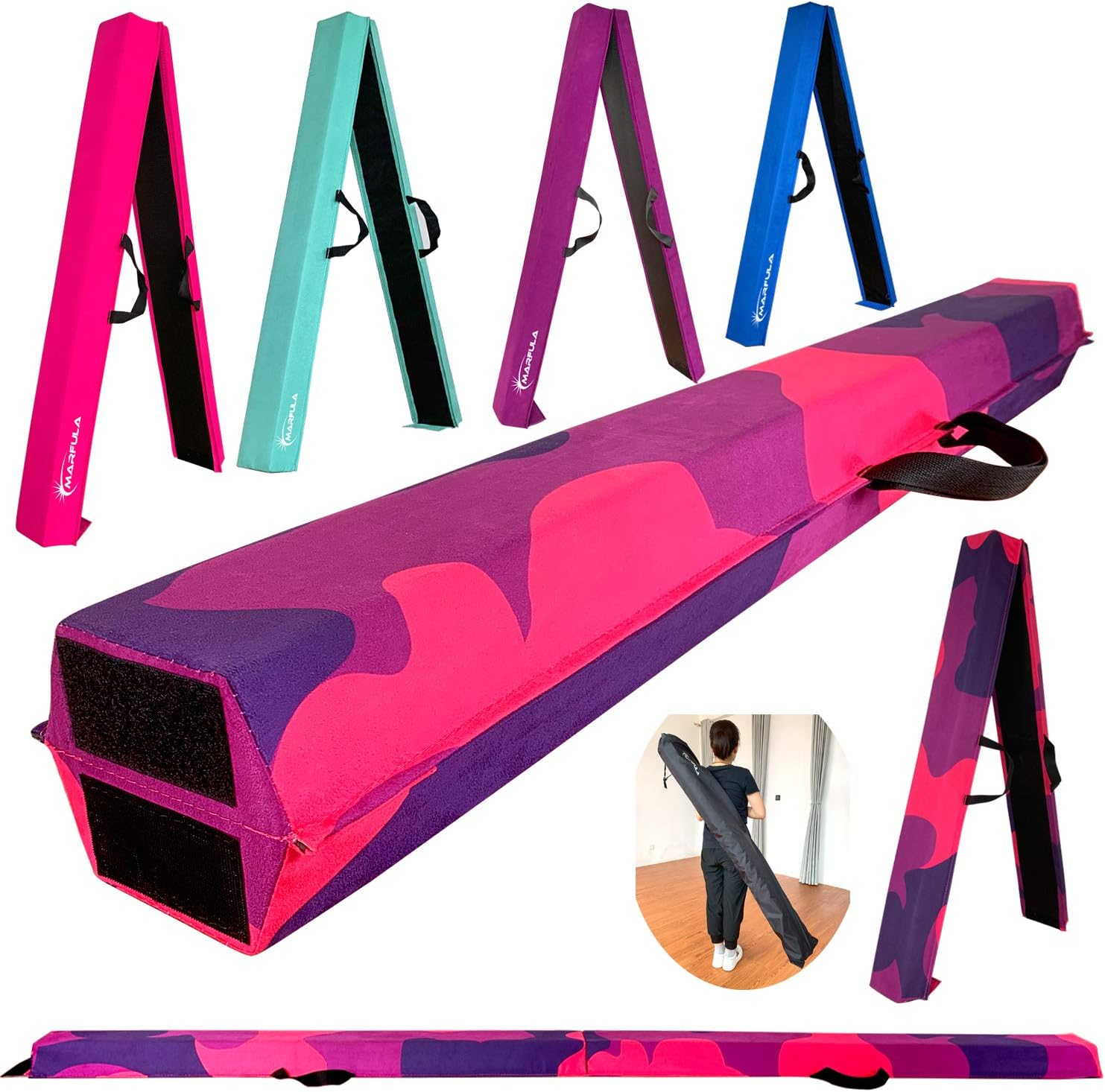 Marfula 6 FT / 8 FT / 9 FT Folding Gymnastics Beam Foam Balance Floor Beam - Extra Firm - Suede Cover - Anti Slip Bottom with Carry Bag For Kids/Adults Home Use (Pink Purple-Camo, 6 FT)